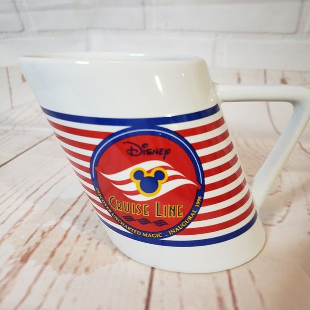 Retro Disney Cruise Collectible Souvenir 90s Mickey Leaning Mug with Red Stripe